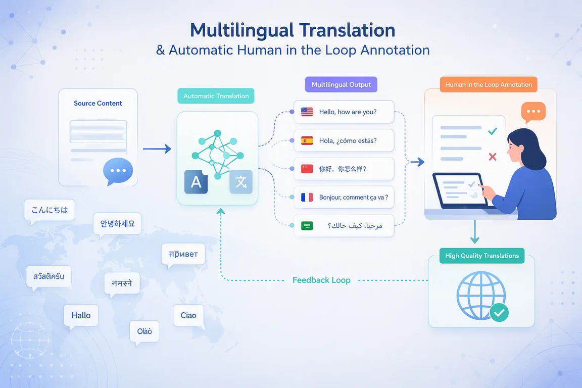 TrueIdiom flow: source content is automatically translated into multilingual output across many languages, then reviewed through human-in-the-loop annotation to produce high-quality translations, with a feedback loop routing annotations back into translation.